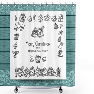 Personality  Set Christmas Doodle Elements   On White With Blue Wood Shower Curtains