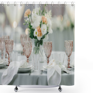 Personality  Banquet Table Is Decorated With Plates, Cutlery, Glasses And Flower Arrangements Shower Curtains