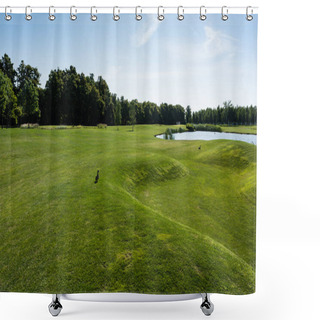 Personality  Wild Ducks Walking On Green Grass Near Trees And Pond In Park Shower Curtains