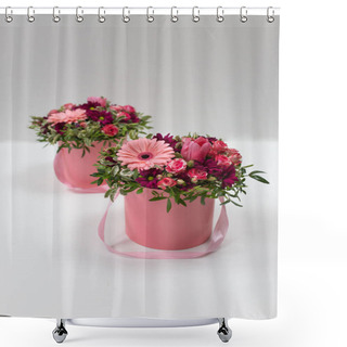 Personality  An Impressive Pairing Composition Of Fresh Flowers (Rose, Gerbera, Tulip) (colors: Beard, Pink, Green, White) In A Pink Cardboard Round Hat Box On A Light Background Shower Curtains