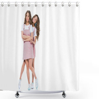 Personality  Smiling Beautiful Young Twin Hugging Grimacing Sister Isolated On White Shower Curtains