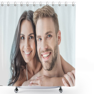 Personality  Beautiful Smiling Couple Looking At Camera, Isolated On White Shower Curtains