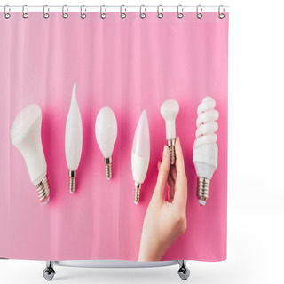 Personality  Cropped Shot Of Human Hand And Various Types Of Light Bulbs On Pink  Shower Curtains