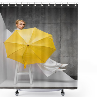Personality  Beautiful Young Woman Sitting On Chair And Holding Yellow Umbrella On White And Grey  Shower Curtains