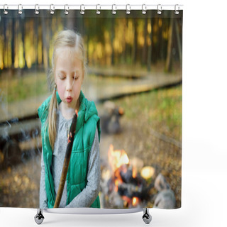 Personality  Cute Little Girl Roasting Marshmallows On Stick At Bonfire. Child Having Fun At Camp Fire. Camping With Children In Fall Forest. Family Leisure With Kids At Autumn. Shower Curtains