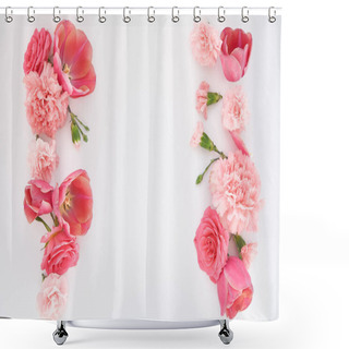 Personality  Top View Of Pink Spring Flowers On White Background With Copy Space Shower Curtains