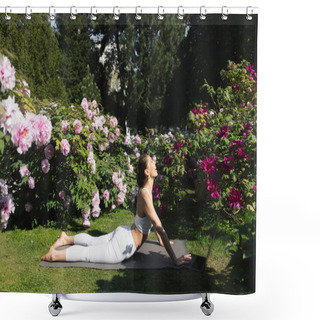 Personality  Side View Of Happy Woman Practicing Yoga In Cobra Pose On Lawn Near Laptop Shower Curtains