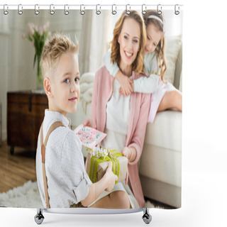 Personality  Boy Presenting Gift To Mother Shower Curtains