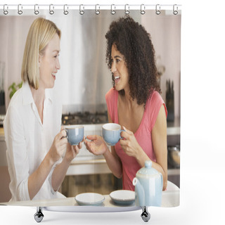 Personality  Female Friends Enjoying Tea And Cookies At Home Shower Curtains