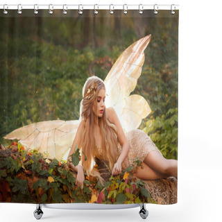 Personality  A Slender Dryad, A Nymph With Blond Long Hair And A Golden Wreath Lies On The Leaves In The Forest In A Beige Long Dress With Bare Legs, Has Glowing Wings Behind Her Back, Great Summer Photo Shower Curtains
