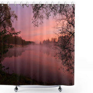 Personality  Pink Sunrise On The Lake Shower Curtains