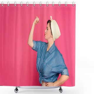 Personality  Attractive Size Plus Pin Up Woman Showing Muscles Isolated On Pink  Shower Curtains