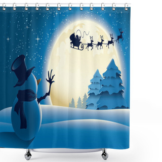Personality  Lonely Snowman Waving To Santa Sleigh Shower Curtains