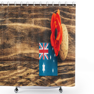 Personality  Panoramic Crop Of Australian Flag Near Artificial Flower And Cookie On Wooden Surface  Shower Curtains