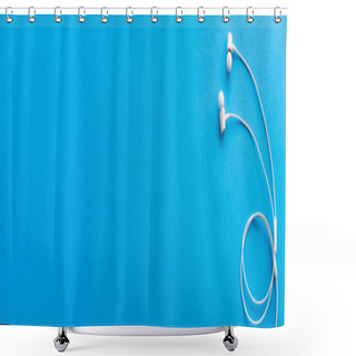 Personality  Top View Of White Wired Earphones On Blue, Banner Shower Curtains