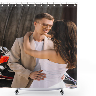 Personality  Happy Wedding Couple Embracing In City With Scooter Shower Curtains