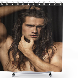 Personality  Handsome Sport Masculed Sexy Stripped Guy  With White Towel On Isolated Black Background Font Shower Curtains