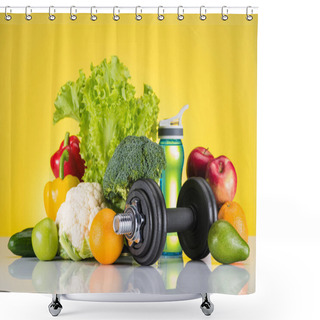 Personality  Close-up View Of Dumbbell, Bottle Of Water And Fresh Fruits And Vegetables On Yellow  Shower Curtains