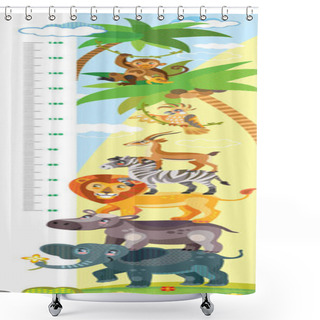 Personality  Height Meter With Pyramid Of African Animals Vector Cartoon Illustration In Flat Style. Vector Vertical Scale Measurement With Cute Wild Animals For Children. Great For Printed Products And Souvenirs. Shower Curtains