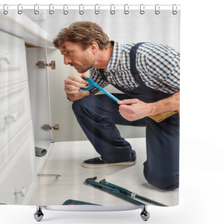 Personality  Selective Focus Of Plumber Holding Insulating Tape And Looking At Sink In Kitchen  Shower Curtains
