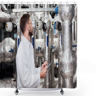 Personality  Bearded Engineer In White Coat Holding Pen And Clipboard Near Air Compressed System  Shower Curtains