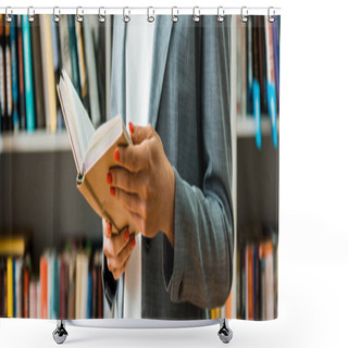 Personality  Panoramic Shot Of Woman Holding Book While Standing In Library  Shower Curtains