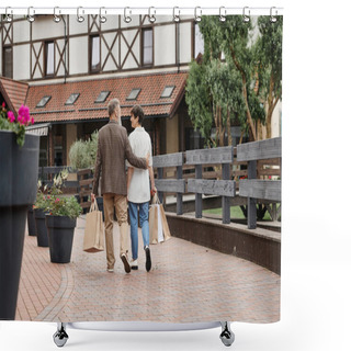 Personality  Back View Of Senior Couple Walking With Shopping Bags, Elderly Man Hugging Woman, Urban Lifestyle Shower Curtains