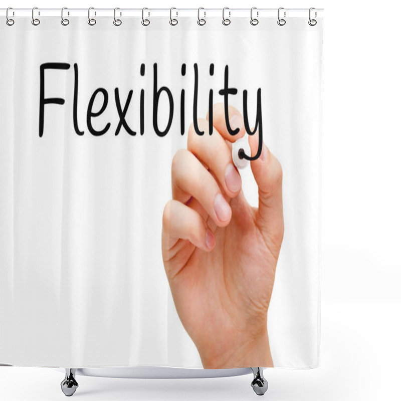 Personality  Hand Writing The Word Flexibility With Black Marker On Transparent Wipe Board. Concept About Adaptability And The Ability To Change According To The Situation. Shower Curtains