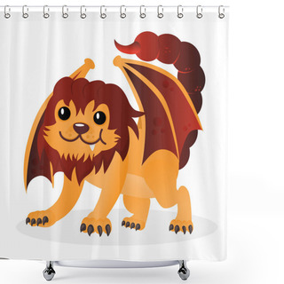 Personality  Cartoon Happy Cute Vector Little Playful Manticore. Funny Chimera Or Sphinx. Design For Print, Emblem, T-shirt, Party Decoration, Sticker, Logotype. Shower Curtains