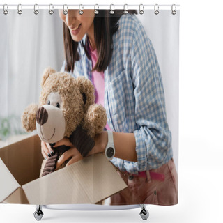 Personality  Cropped View Of Volunteer Smiling While Putting Soft Toy In Box In Charity Office  Shower Curtains
