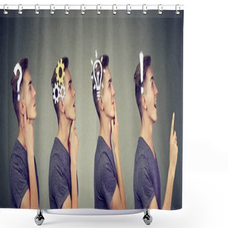 Personality  Emotional Intelligence. Side View Sequence Of A Man Thoughtful, Thinking, Finding Solution With Gear Mechanism, Question, Exclamation, Lightbulb Symbols.  Shower Curtains