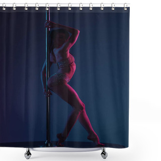 Personality  Side View Of Beautiful Sensual Female Dancer Posing With Pole On Blue Shower Curtains