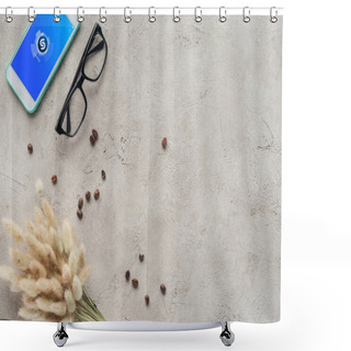 Personality  Top View Of Smartphone With Shazam App On Screen With Eyeglasses, Spilled Coffee Beans And Lagurus Ovatus Bouquet On Concrete Surface Shower Curtains