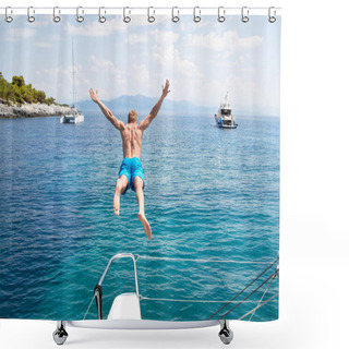 Personality  Young Man Jumping From A Sailing Boat. Shower Curtains