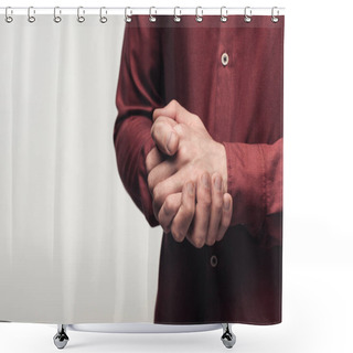 Personality  Partial View Of Man With Clenched Hands Using Body Language Isolated On Grey, Human Emotion And Expression Concept Shower Curtains