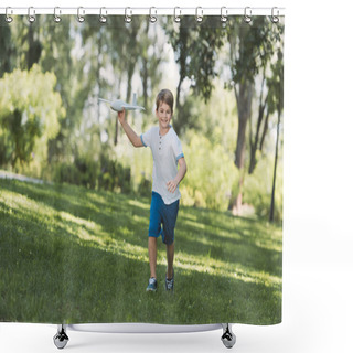 Personality  Adorable Happy Boy Holding Toy Plane And Smiling At Camera In Park Shower Curtains