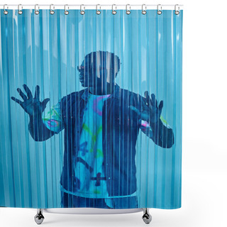 Personality  Stylish Afroamerican Man In Sunglasses, Denim Vest And Colorful T-shirt Touching Blue Polycarbonate Sheet, Fashion Shoot And Street Style Outfit, DIY Clothing, Sustainable Lifestyle  Shower Curtains