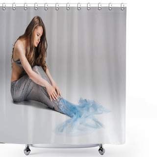 Personality  Attractive Woman With Mermaid Tail Sitting On Floor And Touching Legs Shower Curtains
