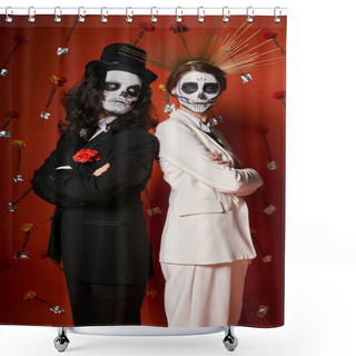 Personality  Elegant Couple In Sugar Skull Makeup Standing Back To Back With Folded Arms On Red Floral Backdrop Shower Curtains