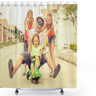 Personality  Father And Children Playing Near A House At The Day Time Shower Curtains