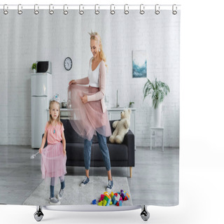 Personality  Cheerful Woman And Child In Costumes Of Princesses Dancing In Kitchen Shower Curtains