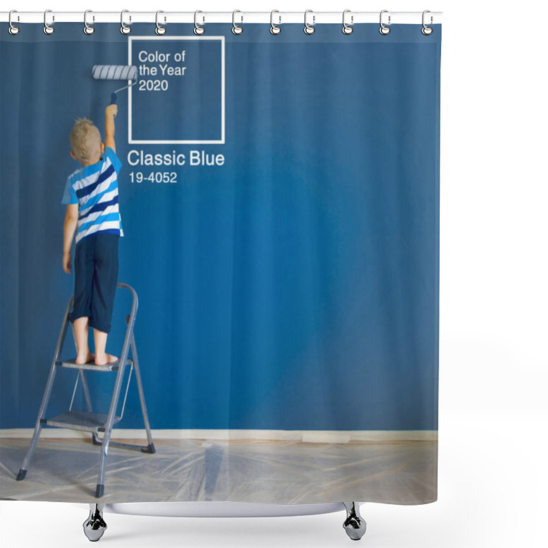 Personality  Classic Blue. Color Of The Year 2020. A Child Is Painting A Blue Shower Curtains