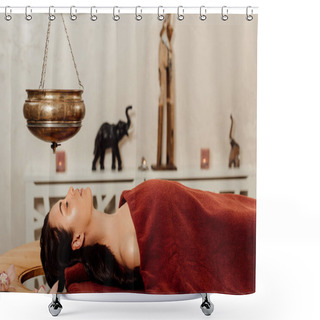 Personality  Side View Of Woman Lying Under Shirodhara Vessel During Ayurvedic Procedure Shower Curtains