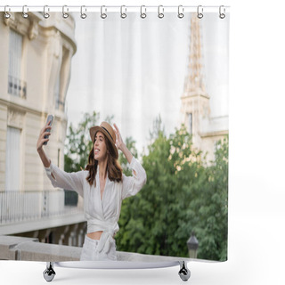 Personality  Positive Traveler In Sun Hat Taking Selfie On Smartphone With Eiffel Tower At Background In France  Shower Curtains