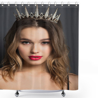 Personality  Pretty Young Woman In Tiara With Diamonds On Grey Shower Curtains