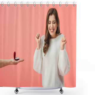 Personality  Partial View Of Man Making Marriage Proposal To Happy Brunette Girl Isolated On Pink Shower Curtains