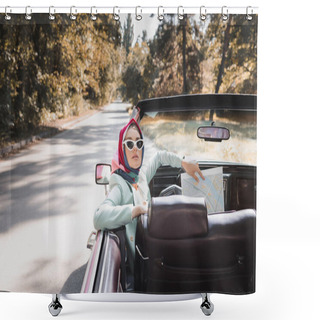 Personality  Woman In Sunglasses And Headscarf Holding Map In Vintage Car  Shower Curtains