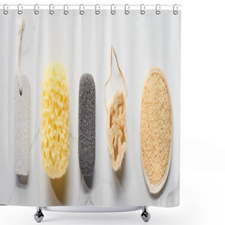 Personality  Panoramic Shot Of Bath Sponges And Pumice Stones On Marble Surface Shower Curtains