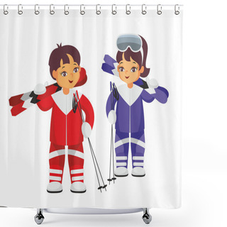 Personality  Boy And Girl With Skis Shower Curtains