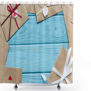 Personality  Top View Of Wooden Blue Background With Envelopes And Hearts Shower Curtains